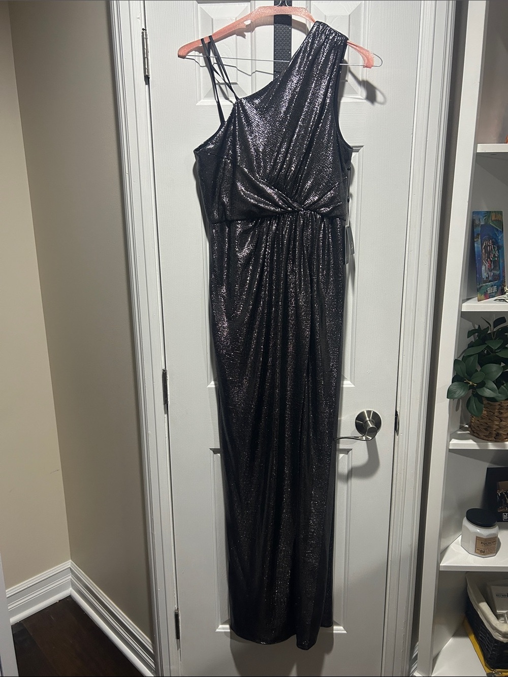 Adrianna Papell One-Shoulder Shimmery Black Evening Gown